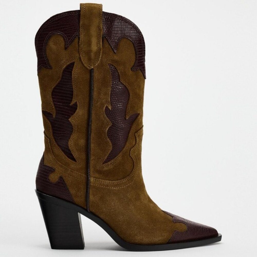 ZARA HEELED COMBINATION SUEDE KNEE HIGH BOOTS - Picture 2 of 5